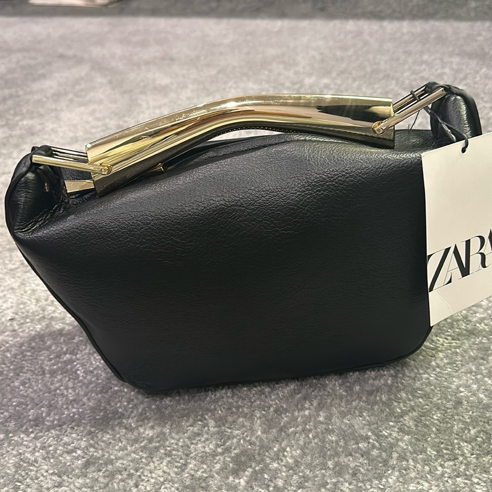 Zara Black Faux Leather Bag with Gold Hardware